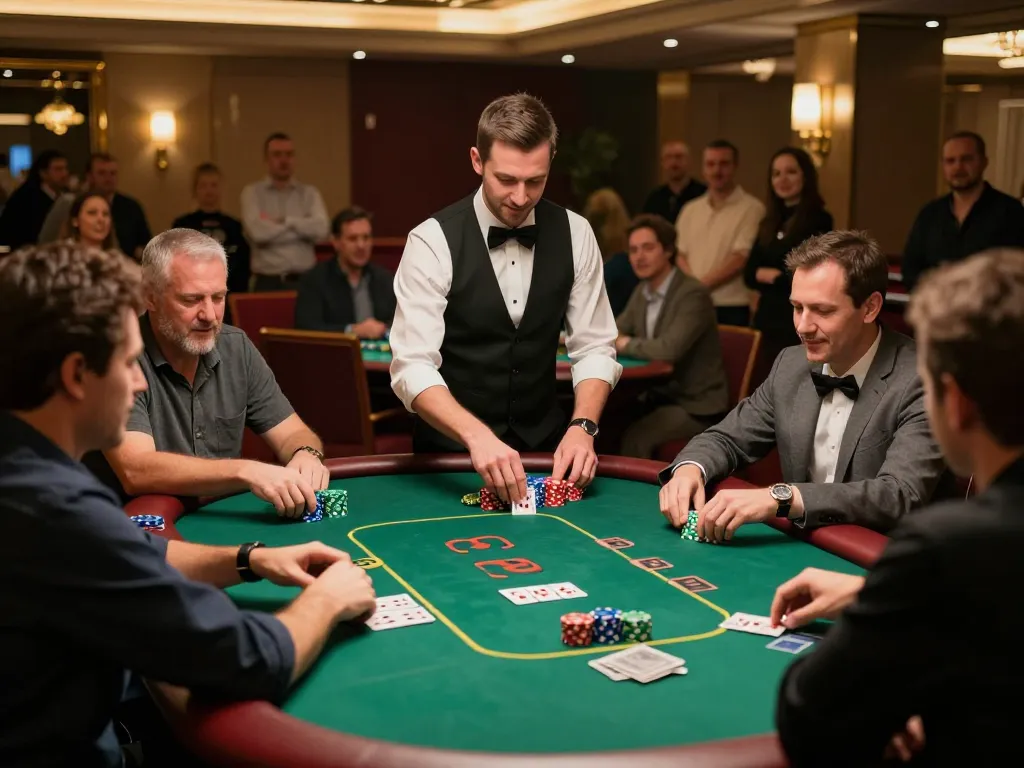 EE88 players strategizing during an intense poker game in a luxurious casino setting.