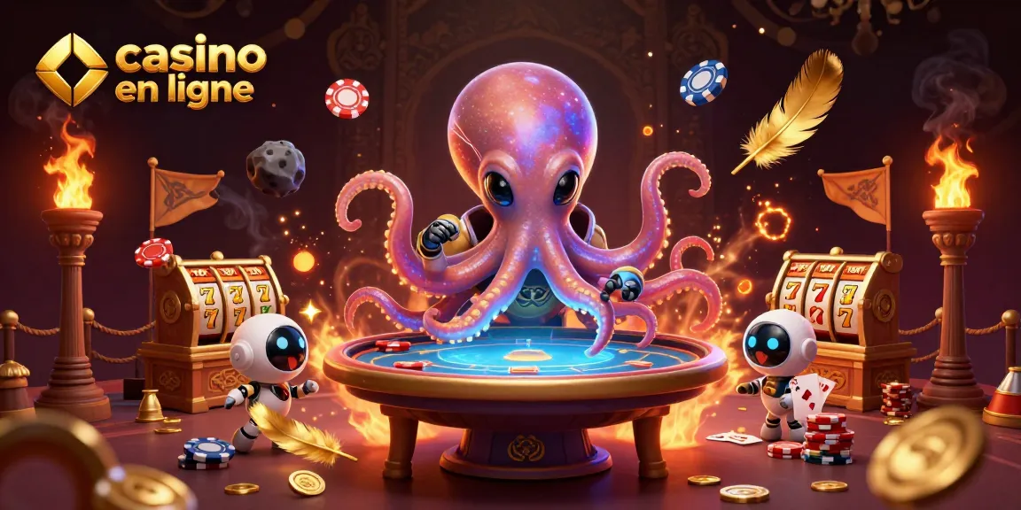 Illustration d'un alien octopus jouant au poker, mettant en scène le casino en ligne avec des éléments de jeu dynamiques.