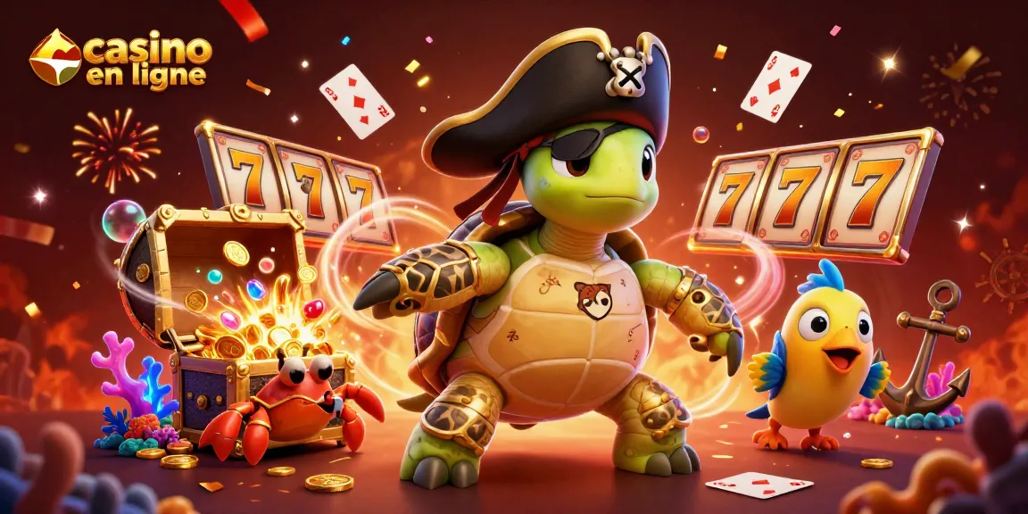 Illustration 3D de casino en ligne avec une tortue pirate et des éléments de machines à sous