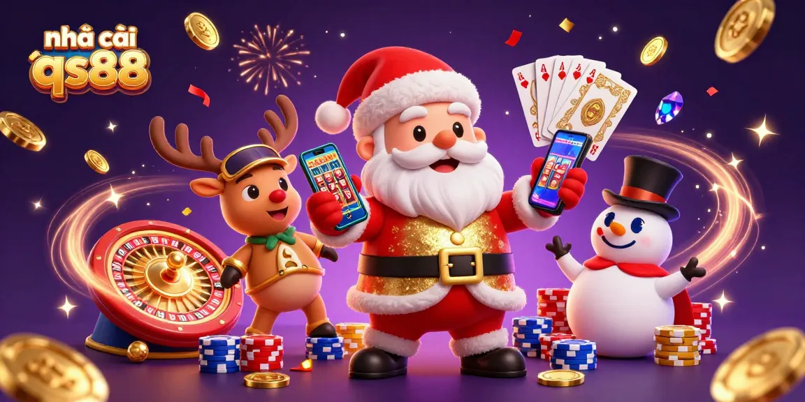 Experience thrilling wins at nhà cái qs88 with Santa, reindeer dealer, and poker chip snowman in a festive casino scene.