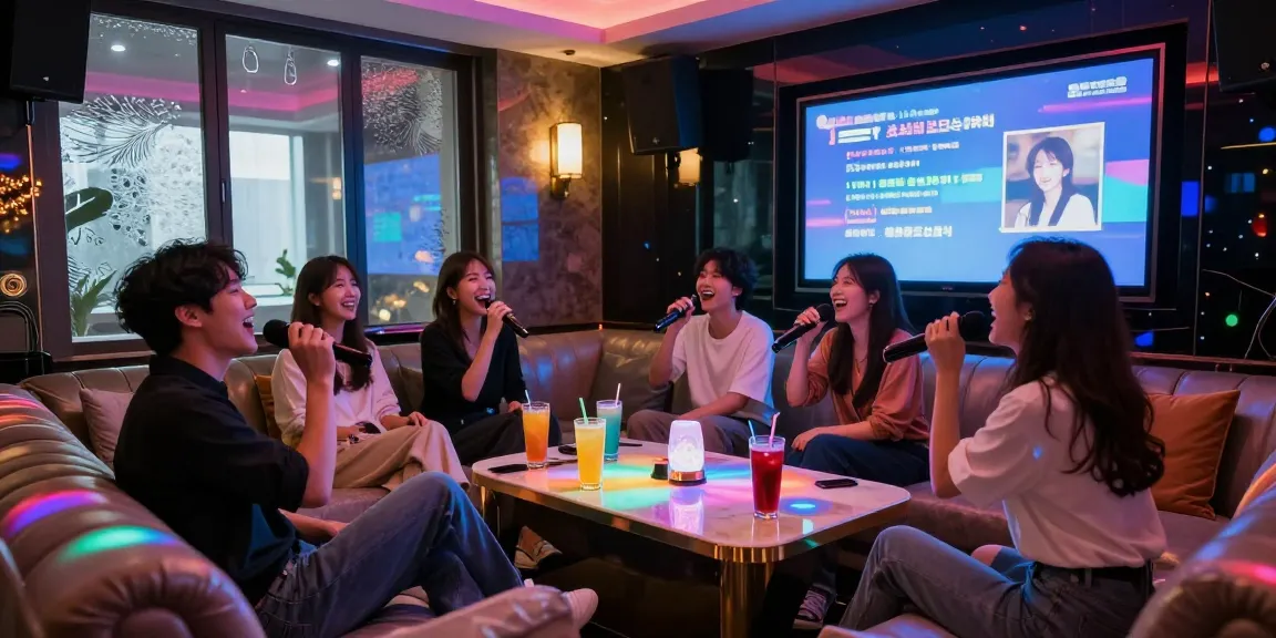 강남가라오케에서 즐거운 시간을 보내는 친구들, 고급스러운 좌석과 조명으로 아늑한 분위기를 연출