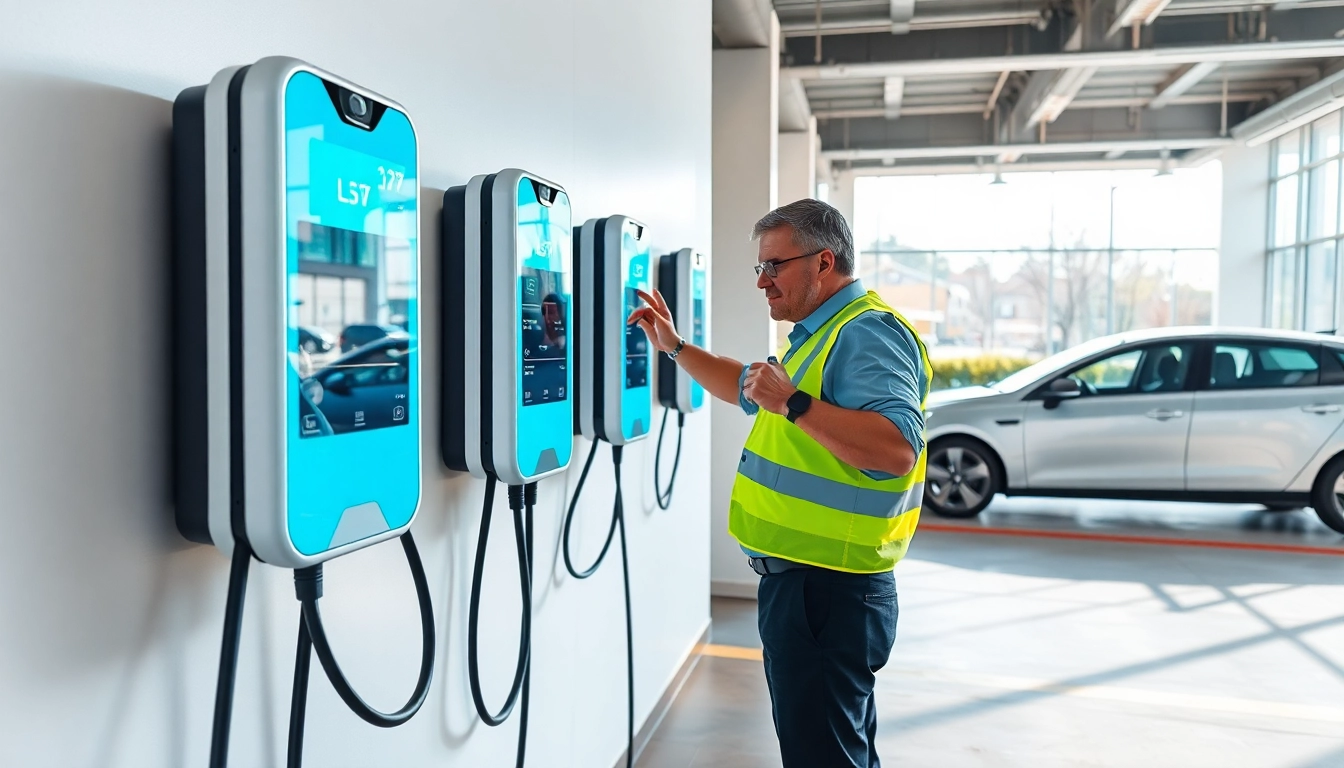 EV Charging Installation showcased with a skilled technician setting up a modern charging station.