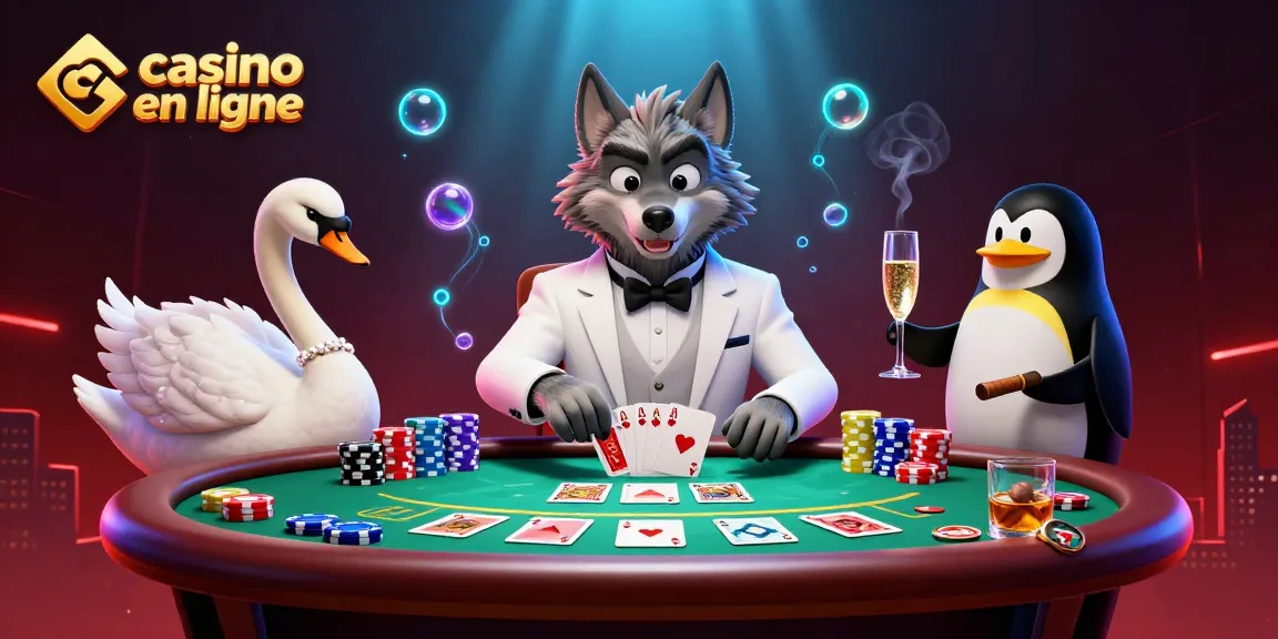 Casino en ligne : un loup élégant et une oie offertes à une table de baccarat animée.