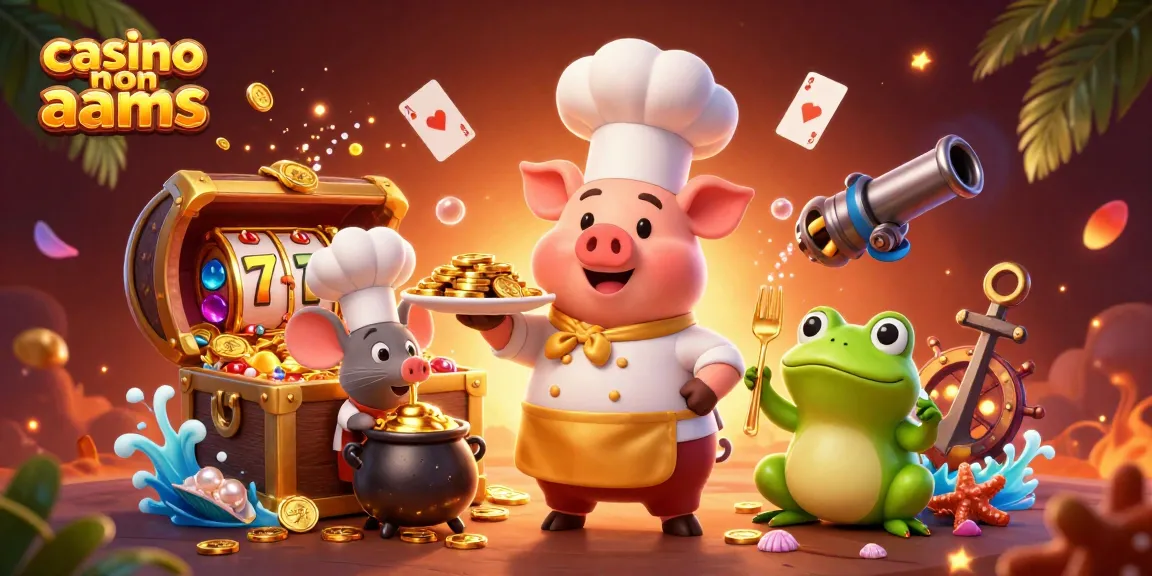 Scopri i casinò non AAMS mentre un maiale chef serve monete d'oro, con un critico riflessivo e un topo sous-chef.