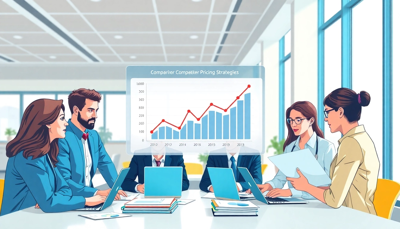 Analyze competitor pricing strategies visually with professionals discussing data insights.