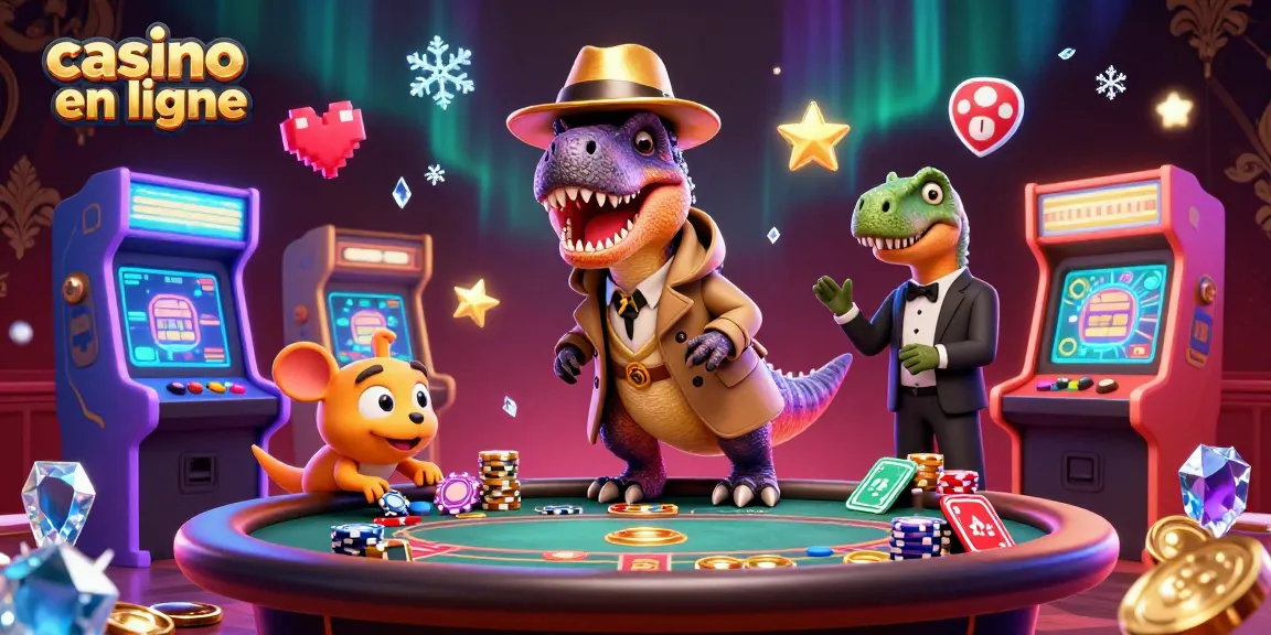 Visuel illustrant le casino en ligne avec un velociraptor tentant de tricher à la table de blackjack sous le regard méfiant d'un stegosaurus.