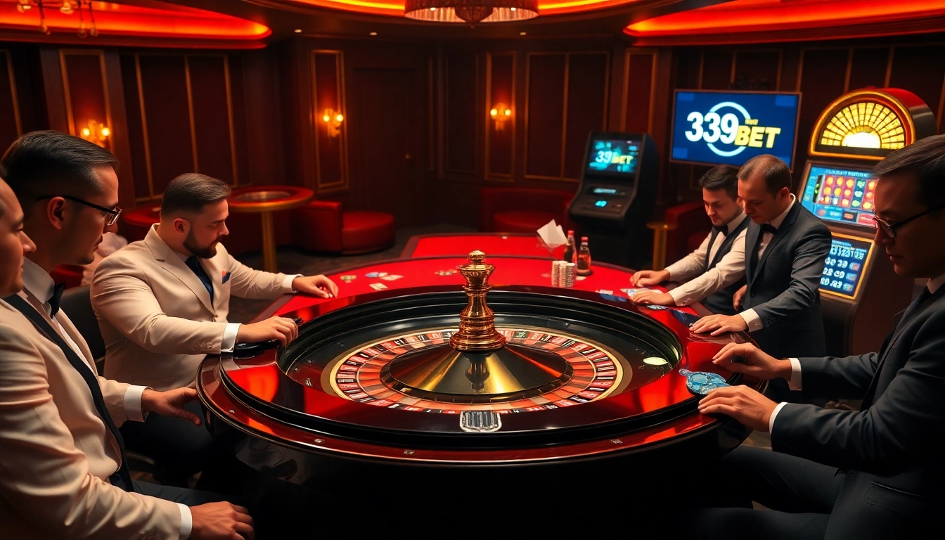 Players engaging in roulette at 39BET's luxurious casino table with vibrant atmosphere.