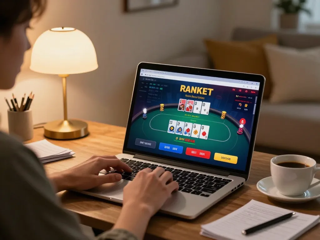 Player enjoying an online poker game on a laptop, showcasing vipwin in a cozy home setting.