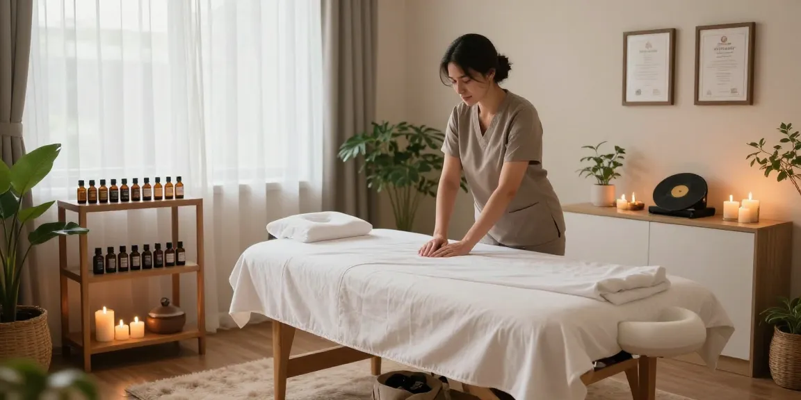1인샵 마사지룸에서 힐링을 준비하는 모습, 아로마오일과 테라피 장비가 배치됨