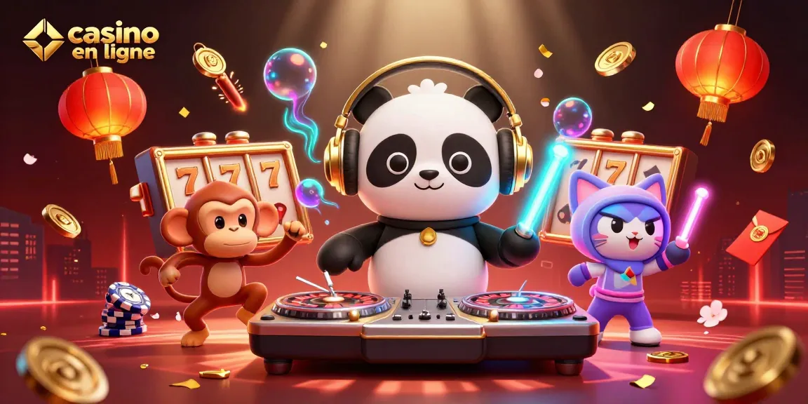 Illustration 3D dynamique de casino en ligne avec panda DJ, singe danseur et chat en rave.