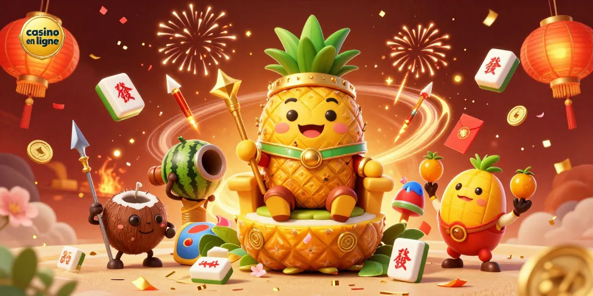 Casino en ligne - Illustration 3D festive avec un roi ananas, gardes et un bouffon dans un casino tropical.