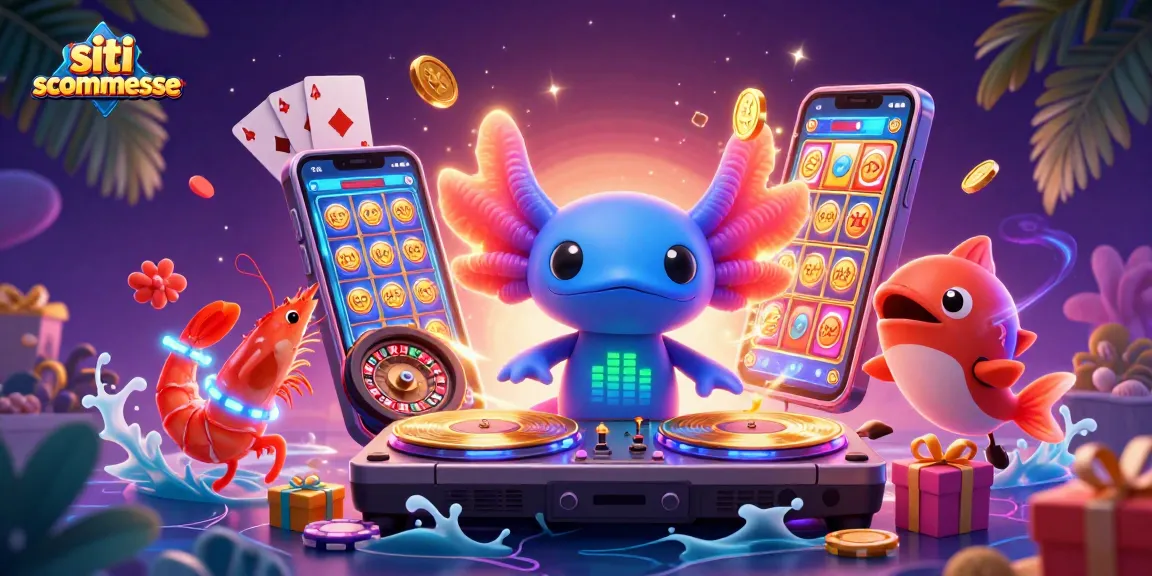 Scopri i migliori siti scommesse con un'illustrazione di un DJ axolotl e giochi d'azzardo vivaci.