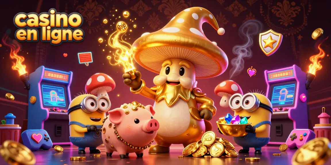 Magie des jeux avec un casino en ligne, un sorcier doré, un cochon de truffe et des pierres précieuses.