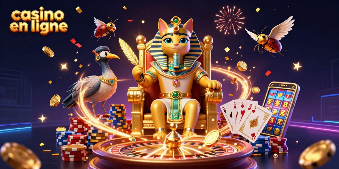 Plongez dans l'univers du casino en ligne avec cette illustration 3D captivante, mettant en scène un chat pharaon et des éléments de jeu.