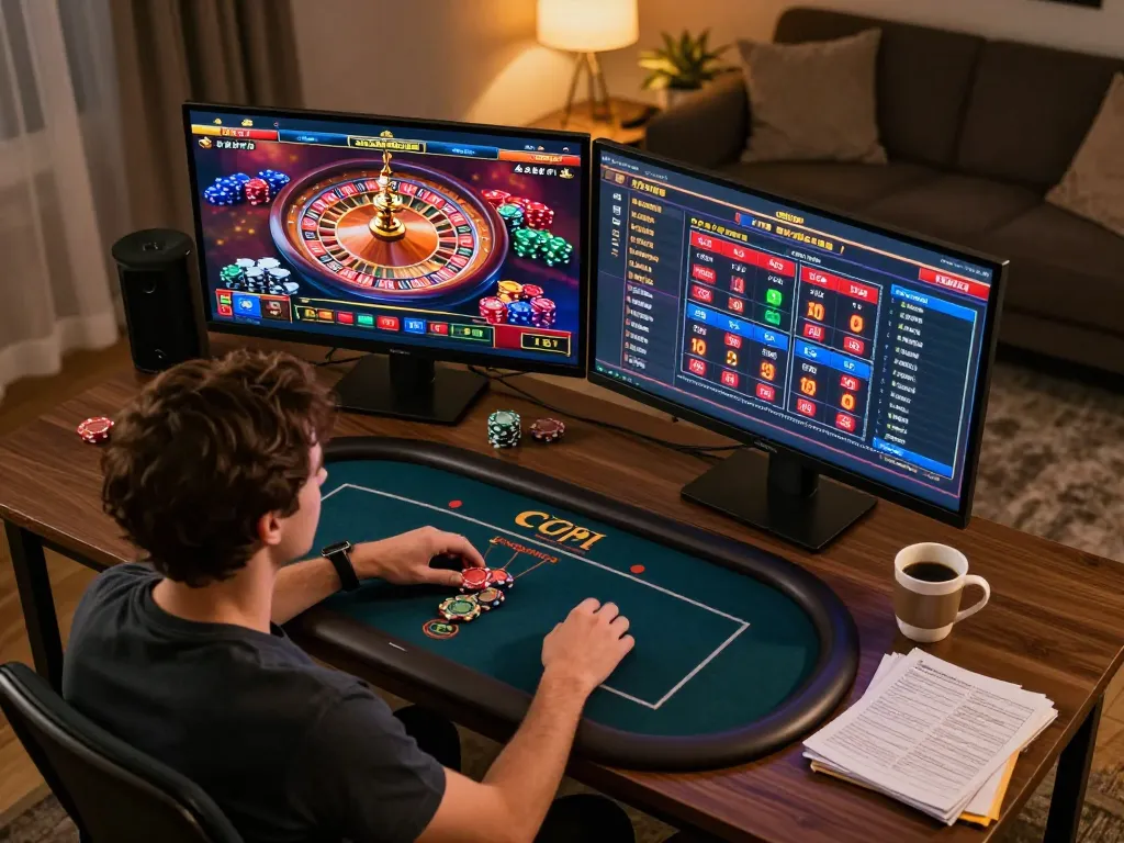 Engaging scene of online casinos Canada gaming session at home with dynamic roulette wheel display