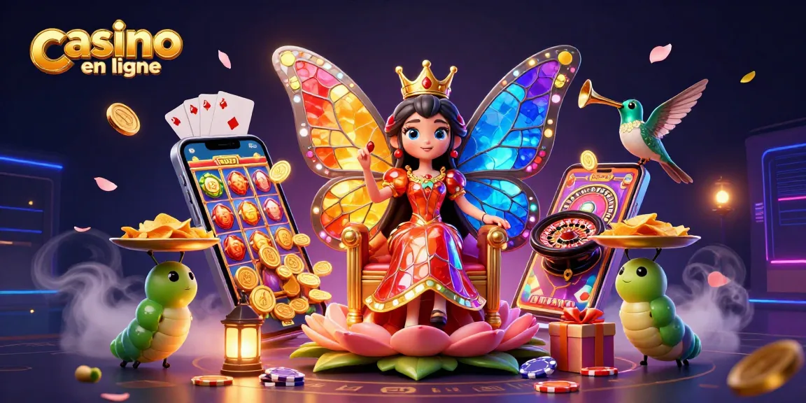 Une illustration imaginaire 3D représentant le concept de casino en ligne avec une reine papillon et des éléments de jeu.