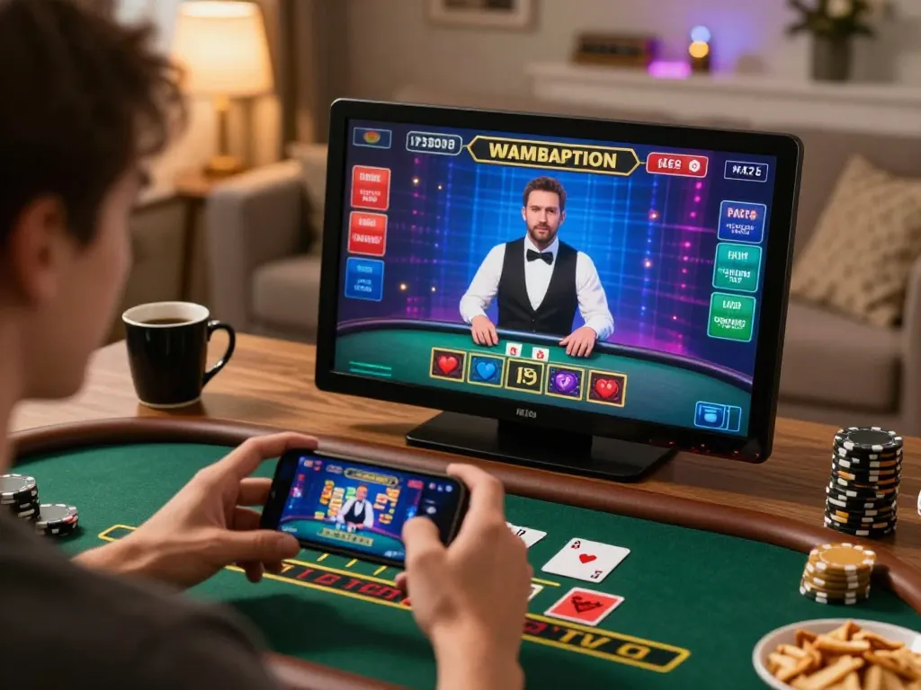 Pemain yang terlibat menggunakan aplikasi 88Pulsa untuk permainan blackjack dealer langsung di pengaturan rumah yang nyaman.