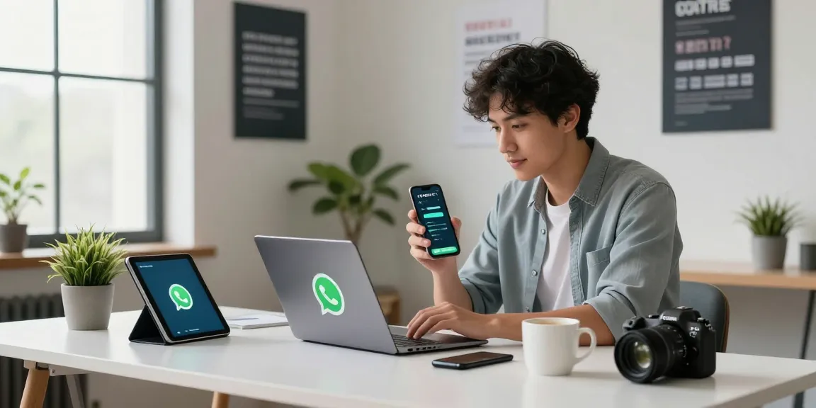 Downloading WhatsApp下載 on a modern workspace with tech gadgets and a professional ambiance.