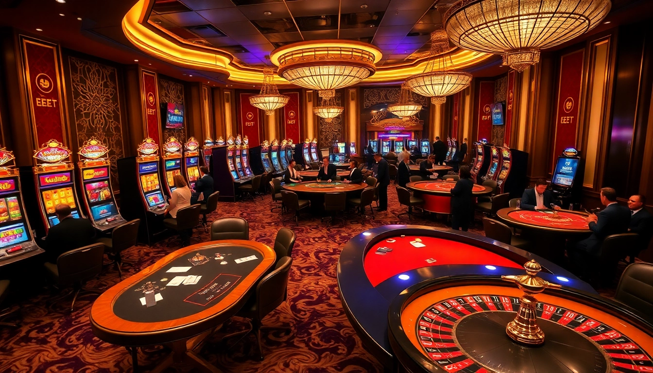 E2BET casino scene with players at poker tables and vibrant slot machines offering exciting gameplay.