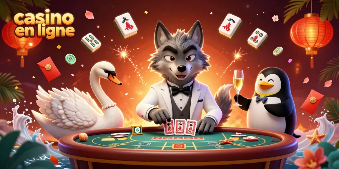 Immersion dans un casino en ligne avec un loup élégant et une cygne cardes, une ambiance festive pleine de surprises.