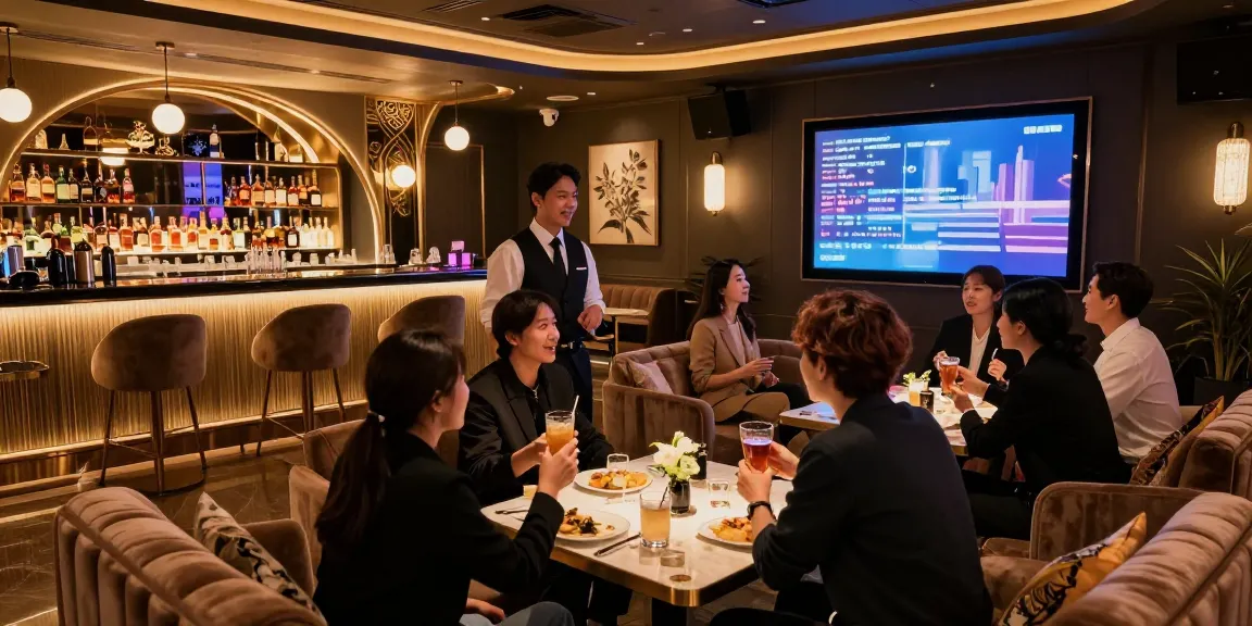 강남쩜오에서 고객을 환영하는 친절한 직원과 고급스러운 인테리어의 프리미엄 노래방 모습