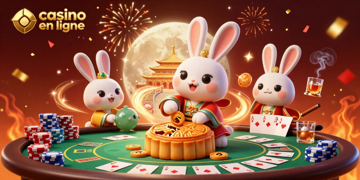 Illustration d'un casino en ligne avec un lapin lunaire et des jetons de poker, ambiance festive