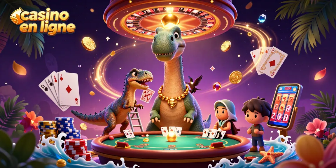Illustration dynamique d'une scène de casino en ligne avec des personnages animés et des éléments de jeu captivants.