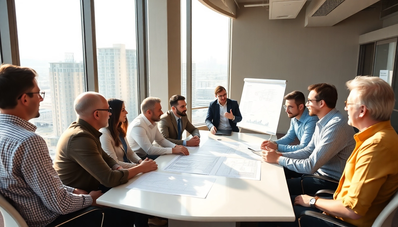 Engaged members of a construction association collaborating in a bright office setting.