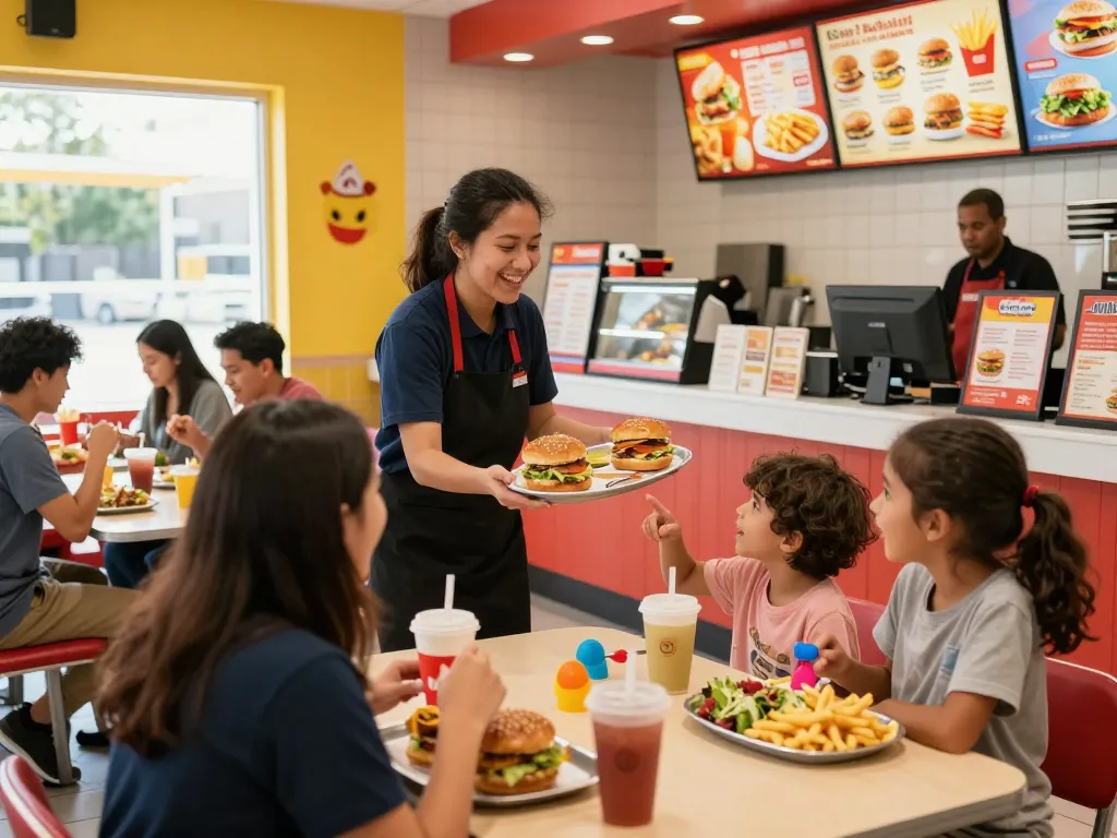 Fast food menu items served in a vibrant restaurant setting with smiling staff and happy customers