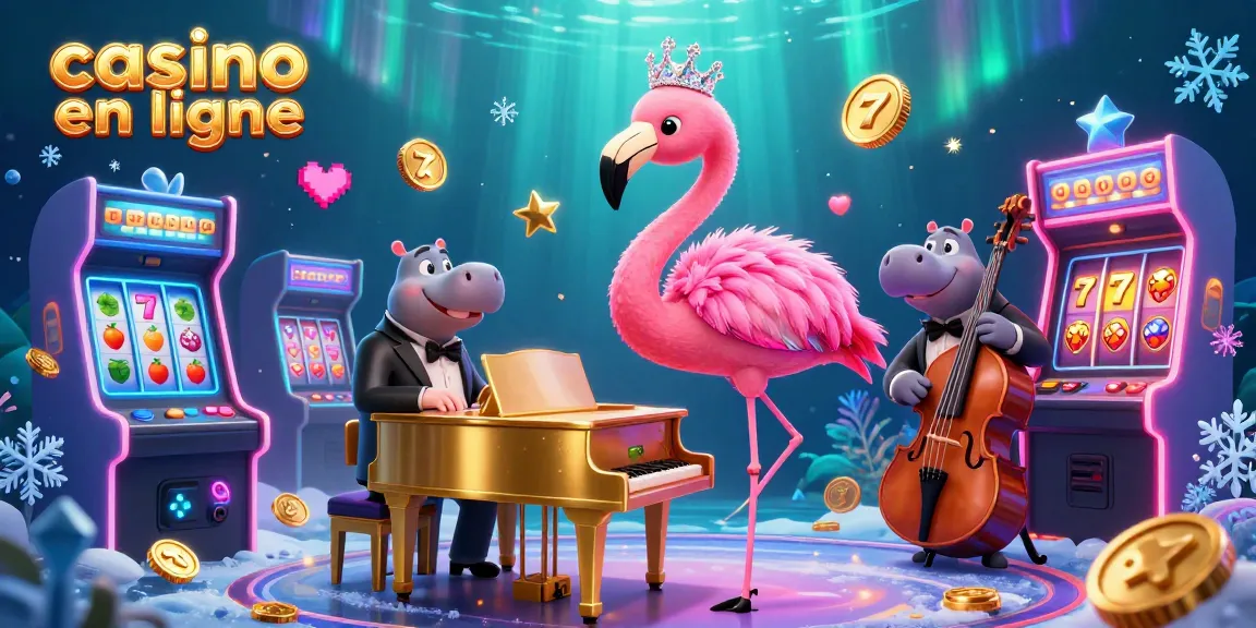 Une scène animée illustrant un casino en ligne avec un flamant rose chanteur et un hippopotame bassiste, entourés de jeux colorés.