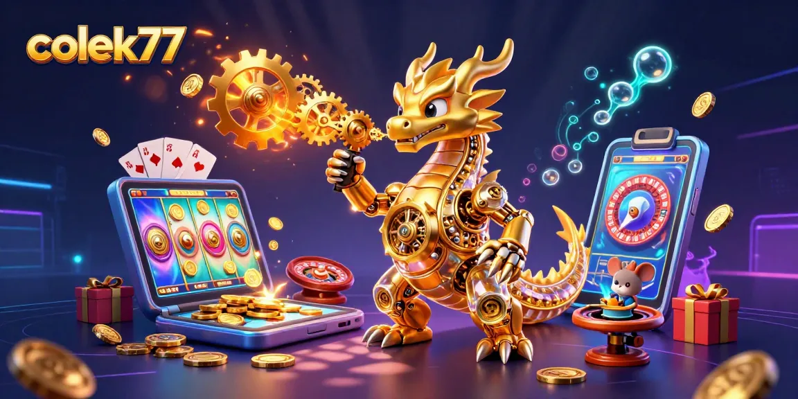 Immerse in the thrilling world of colek77 with a vibrant dragon and slot game fantasy illustration.