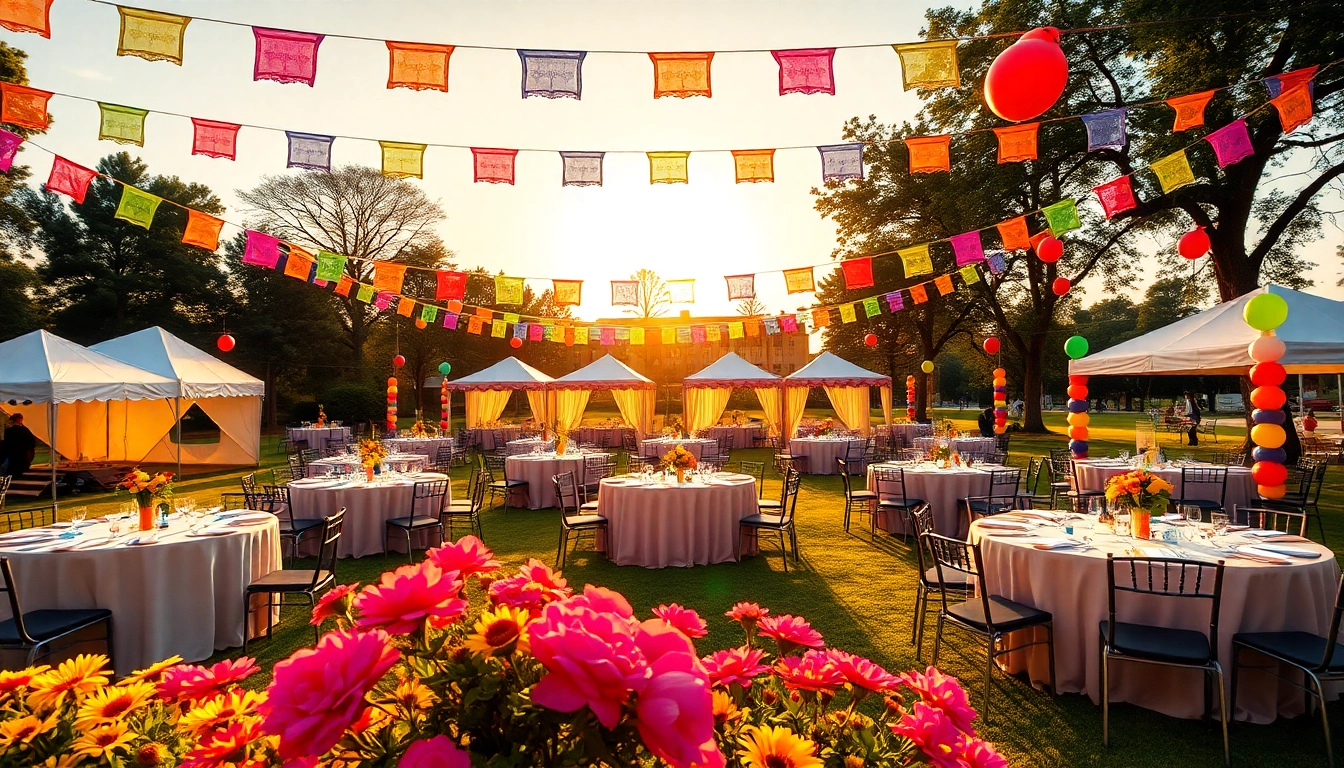 Elegant outdoor party rentals near me showcasing colorful decorations and vibrant setups.