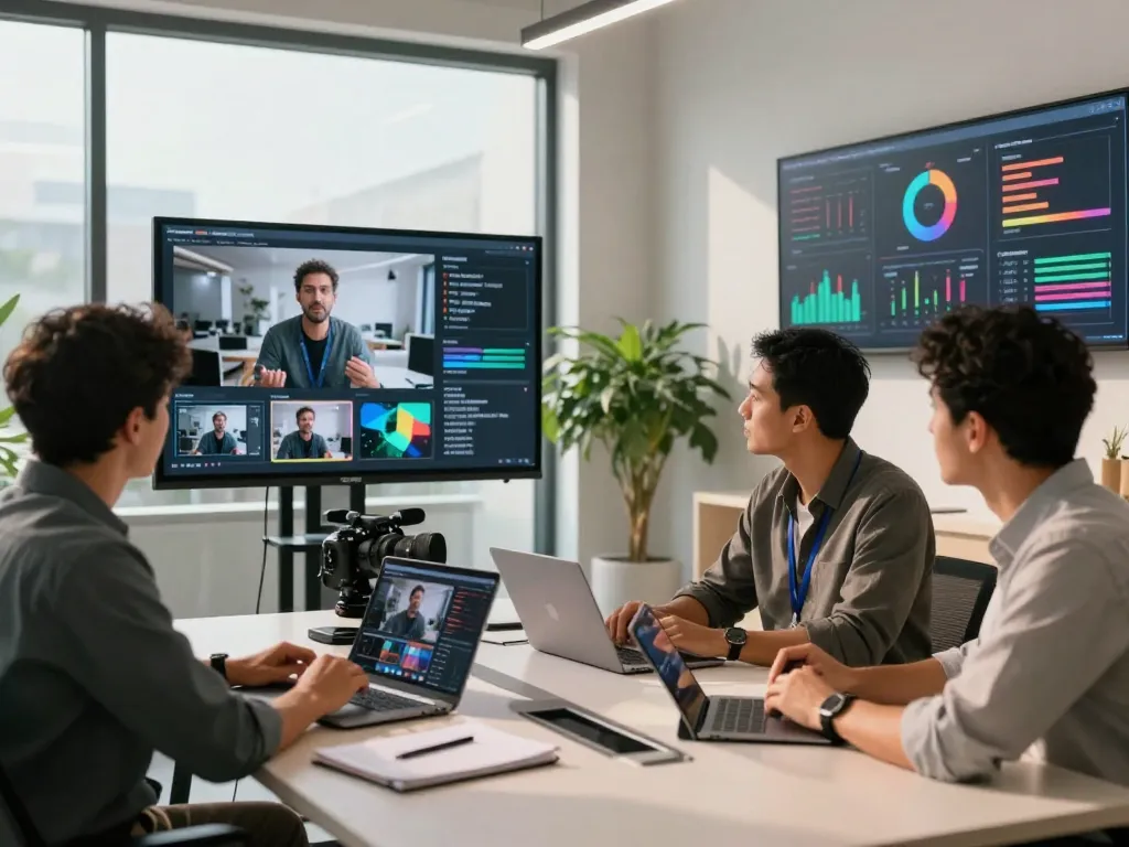 Team analyzing video to prompt AI results in modern workspace.