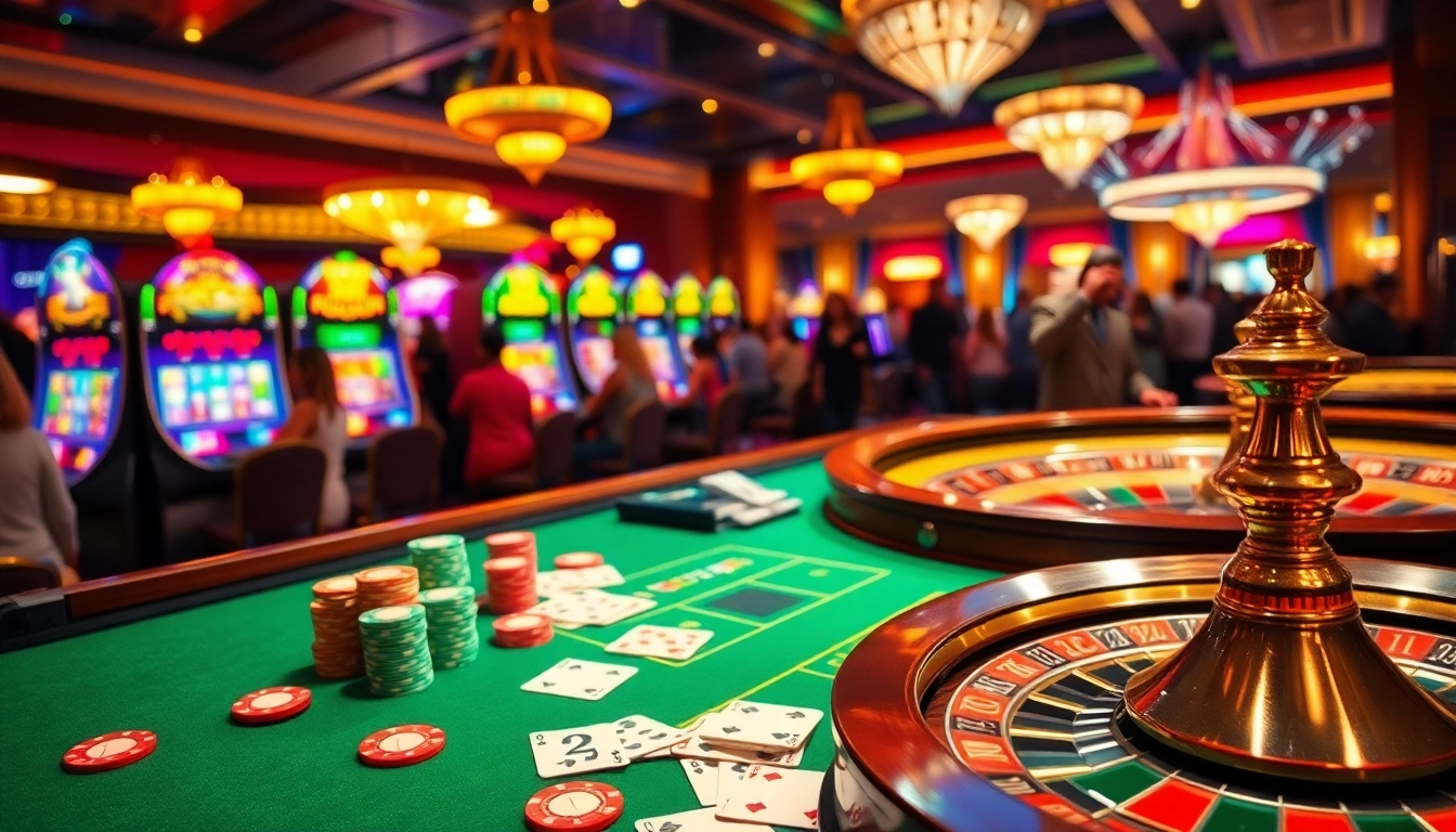 Engage in thrilling gameplay at Dominoqiu with an exciting casino scene featuring poker and roulette.