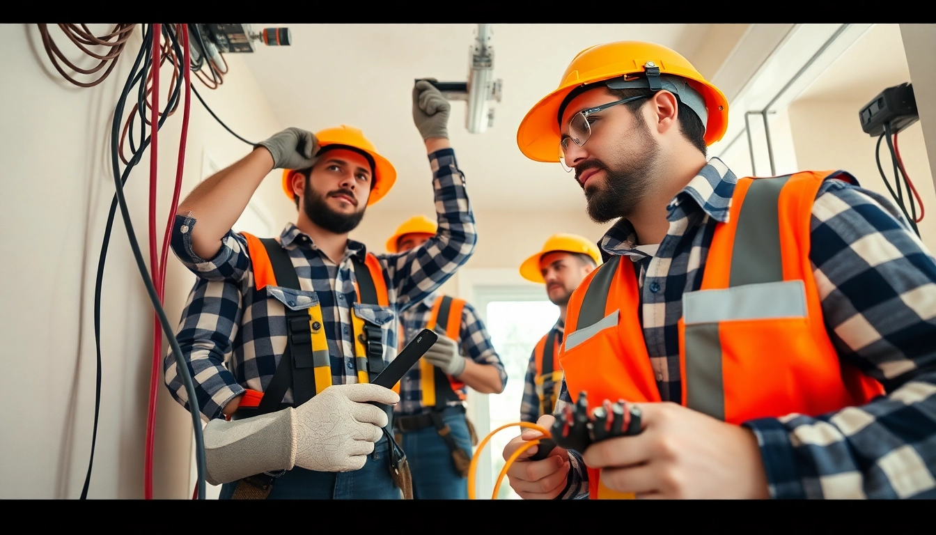 Electrician companies near me providing services in a home renovation with safety gear and tools.