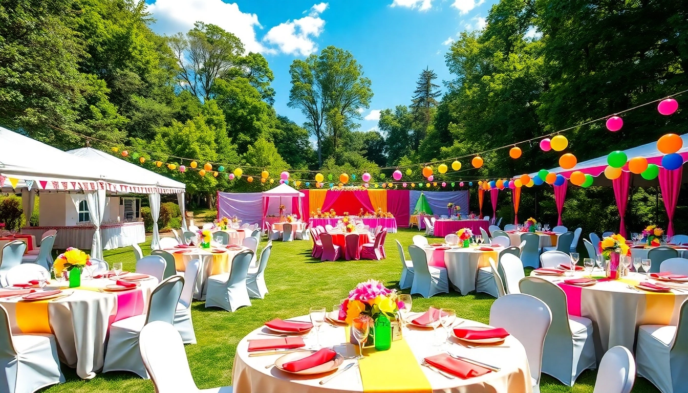 Experience vibrant Party Rentals featuring tents, tables, and festive decorations in a lively outdoor setting.
