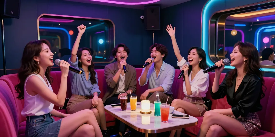 강남 가라오케에서 친구들과 즐거운 노래 시간을 보내는 모습과 화려한 조명이 어우러진 공간의 사진