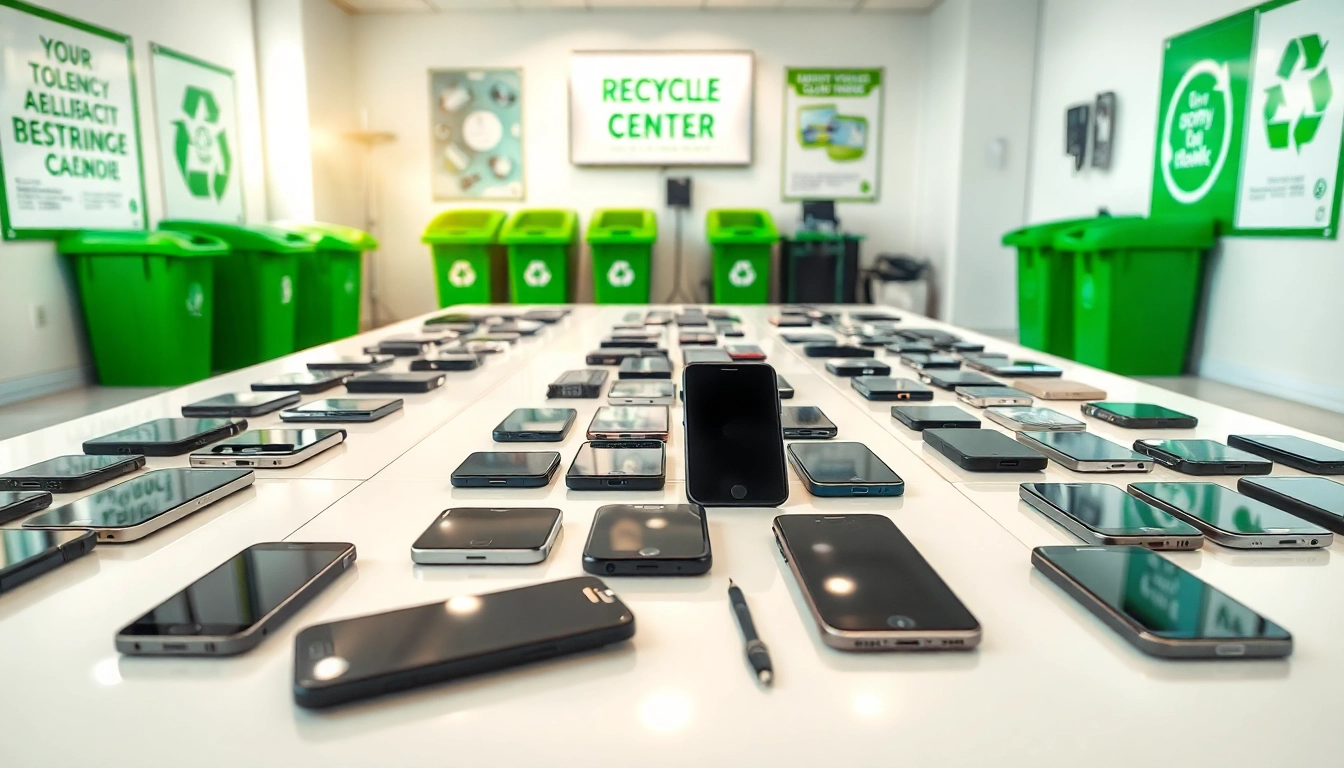 Sell your old devices at a professional recycling center displaying various smartphones.