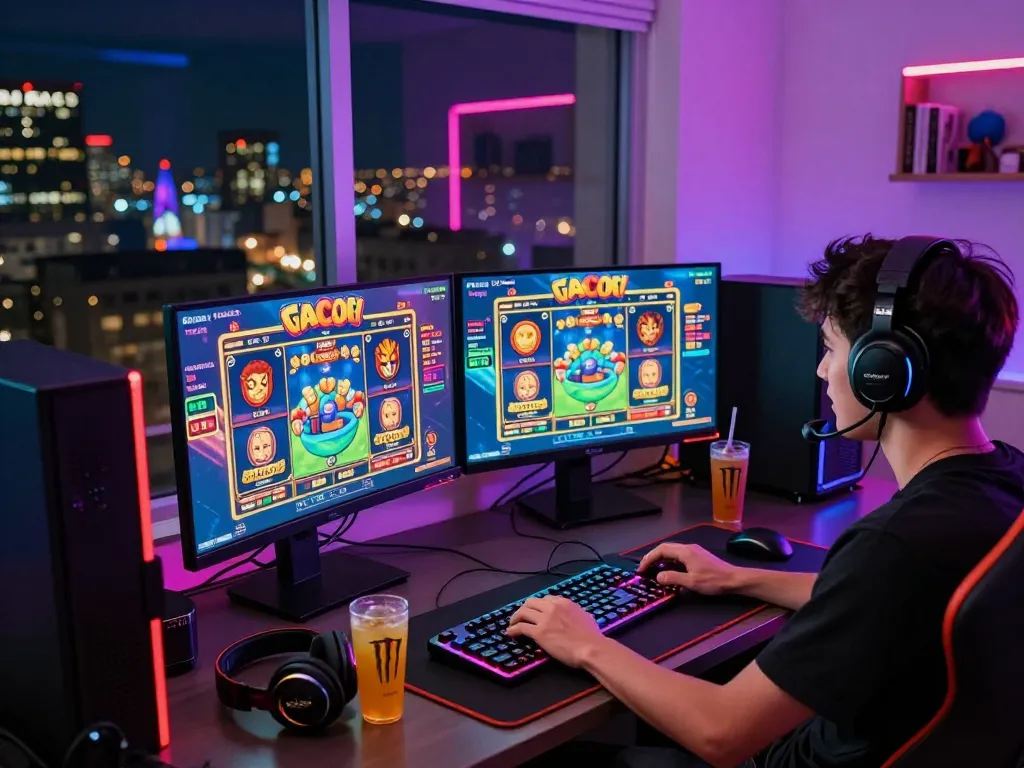 Suasana permainan yang menarik dengan pemain terlibat dalam slot gacor hari ini di beberapa monitor, mencerminkan atmosfer perjudian online yang hidup.