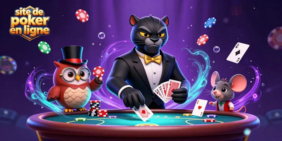 Jouez avec des stratégies gagnantes sur ce site de poker en ligne, entouré de personnages animés et de jetons.