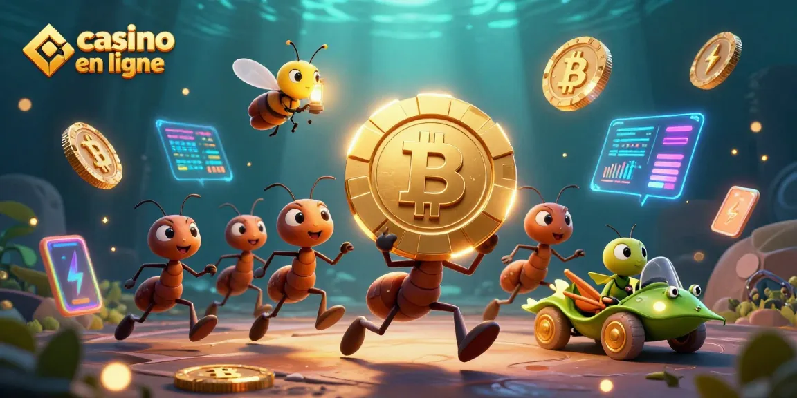 Plongez dans le monde du casino en ligne avec une équipe de fourmis transportant une puce de poker dorée.