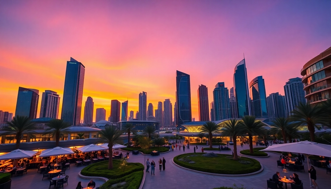 Experience Citylife Dubai with stunning skyline views and a vibrant sunset backdrop.