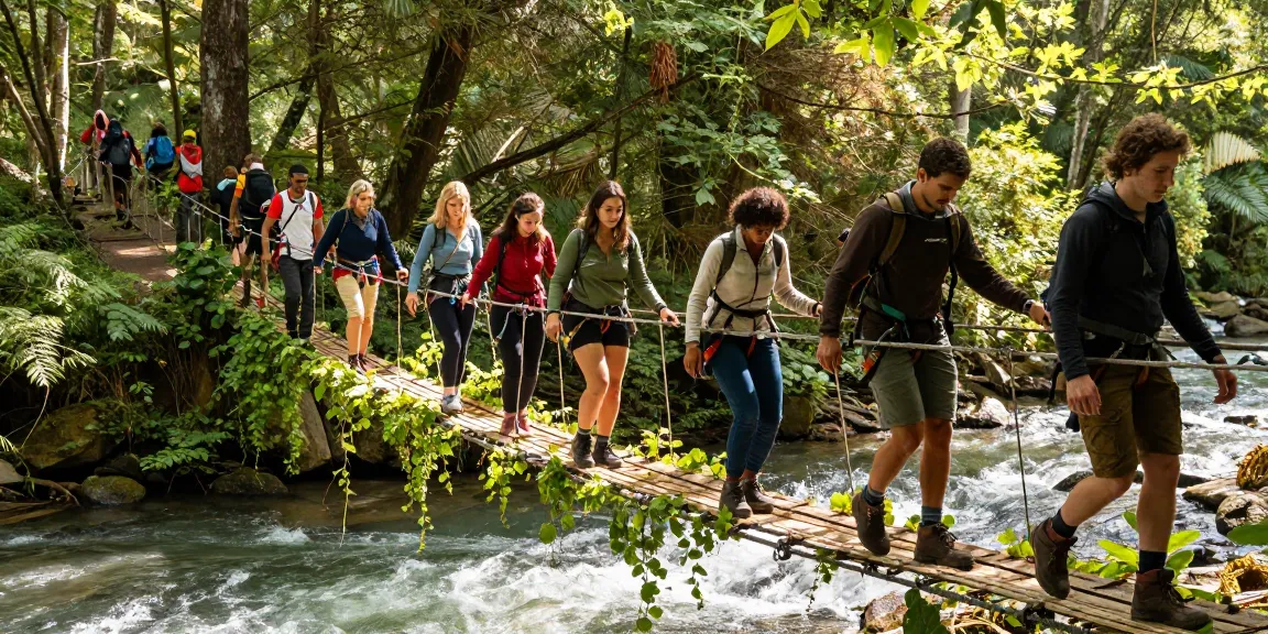 Hikers crossing a River Rope Bridge in a lush forest, showcasing teamwork and adventure.