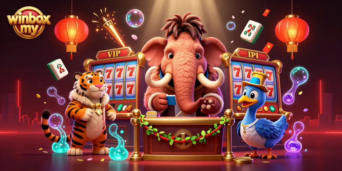 Experience winbox my excitement with a vibrant casino scene featuring VIP characters and dynamic game elements, enhancing your gaming adventure.