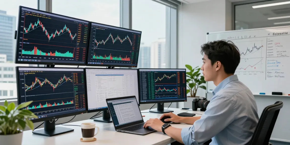 Soybean oil futures API being analyzed by a data analyst with live charts in a modern office setting.