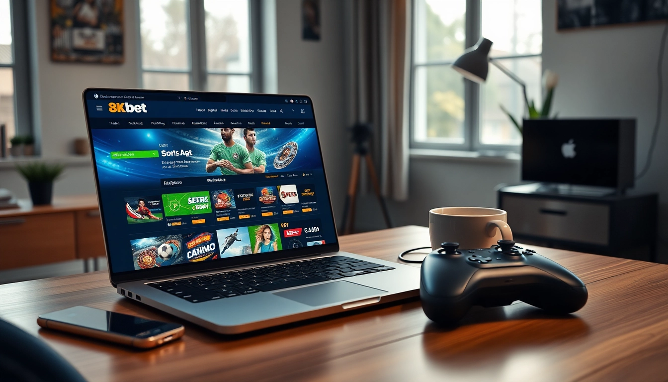 Engaging online betting interface on 8Kbet with a laptop showcasing vibrant gaming graphics.