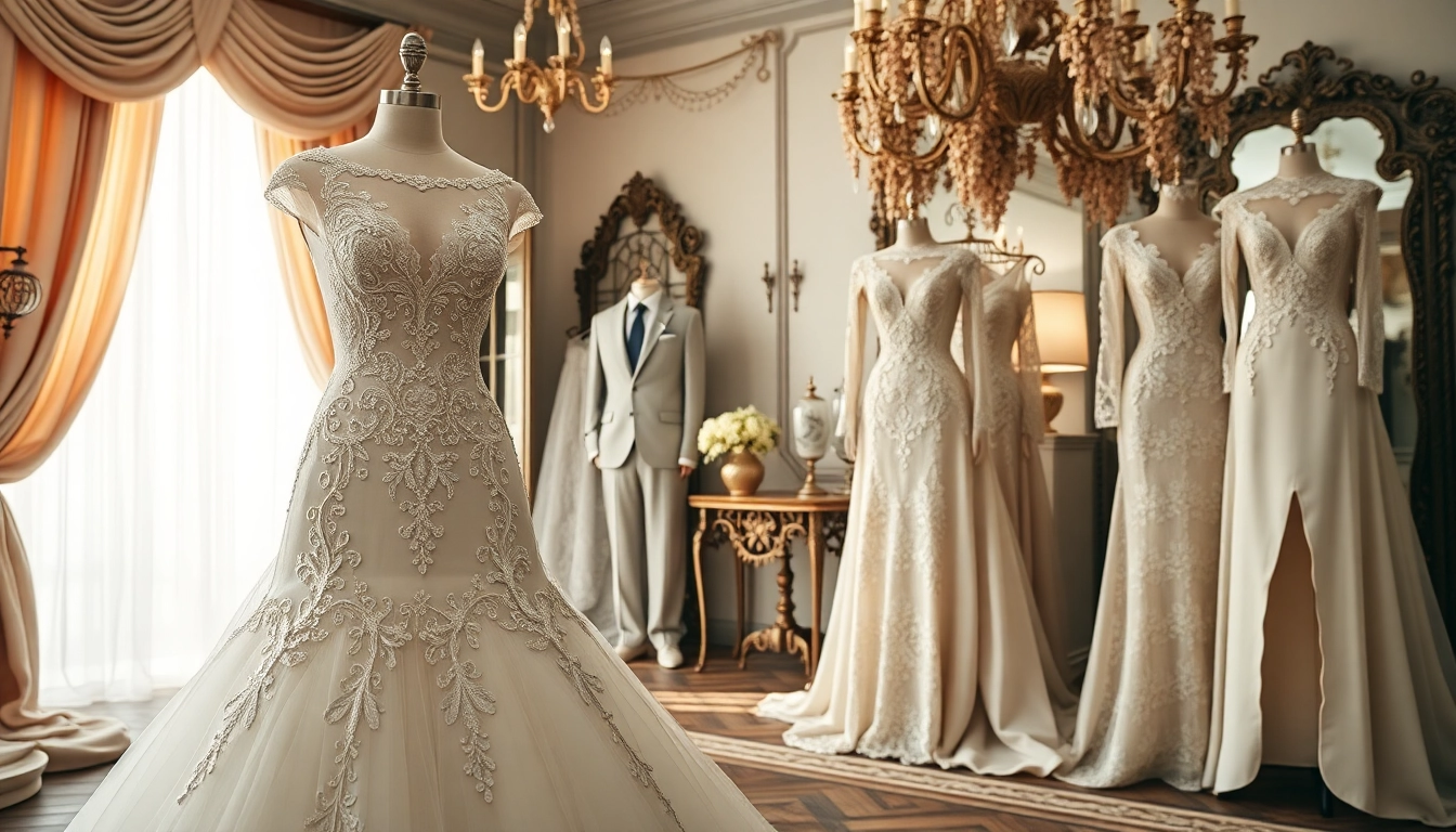 Showcasing a stunning bridal gown from Rebel Designerwear in a luxurious boutique setting.