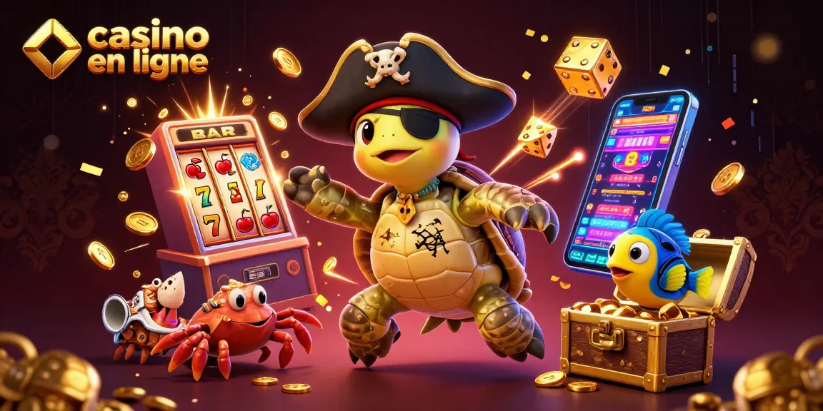 Casino en ligne : une tortue pirate, un crabe et un poisson parrain entourés de trésors et de machines à sous.