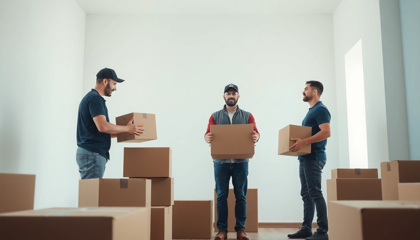 Movers in auburn packaging items efficiently in a bright, organized environment.