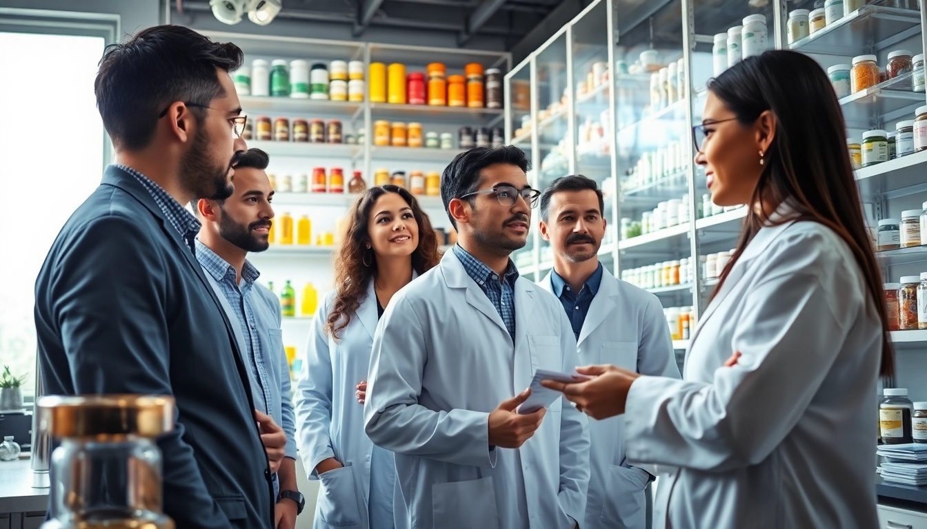 Showcasing a dynamic team at a private label supplement manufacturer uk, formulating quality products in a modern lab.
